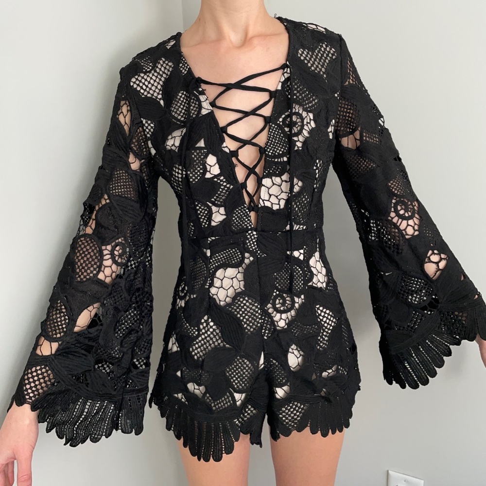 Hallelu Black Lace Romper With Lace Up Front